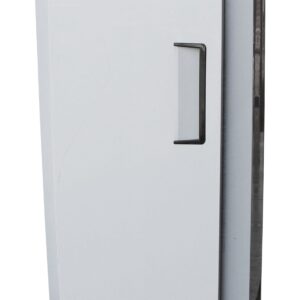 Upright commercial refrigerator with a single door, featuring a Cooltech Stainless Steel 1-Door Reach-In Cooler 26” logo and mounted on wheels, isolated on a white background.