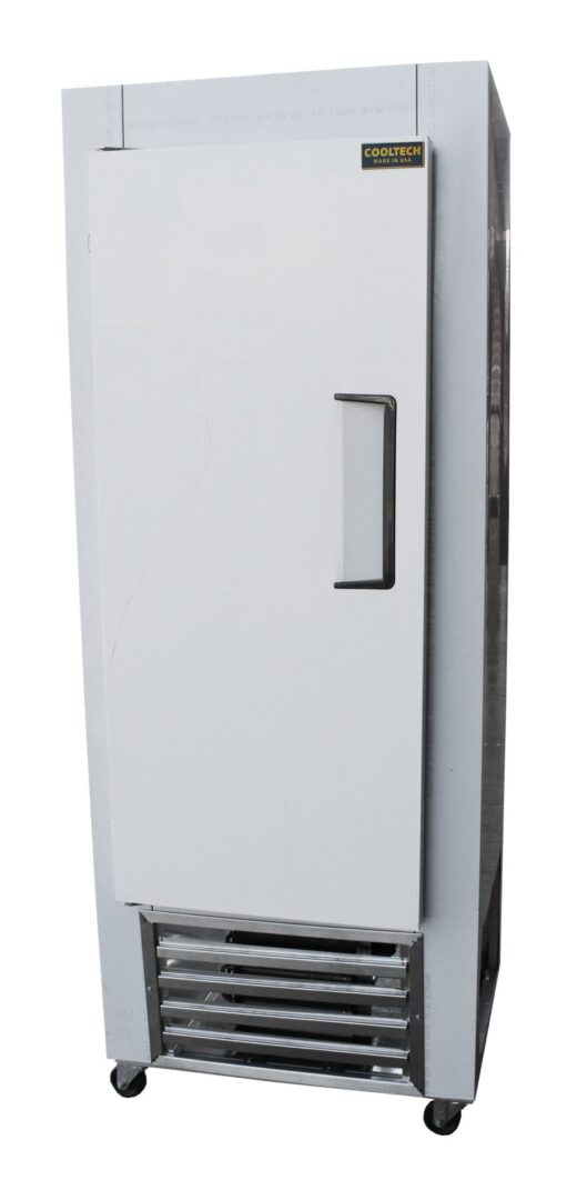 Upright commercial refrigerator with a single door, featuring a Cooltech Stainless Steel 1-Door Reach-In Cooler 26” logo and mounted on wheels, isolated on a white background.