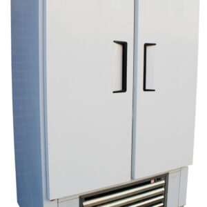 Cooltech Stainless Steel 2-Door Reach-In Upright Freezer 54” with dual doors and an external cooling unit at the bottom, isolated on a white background.