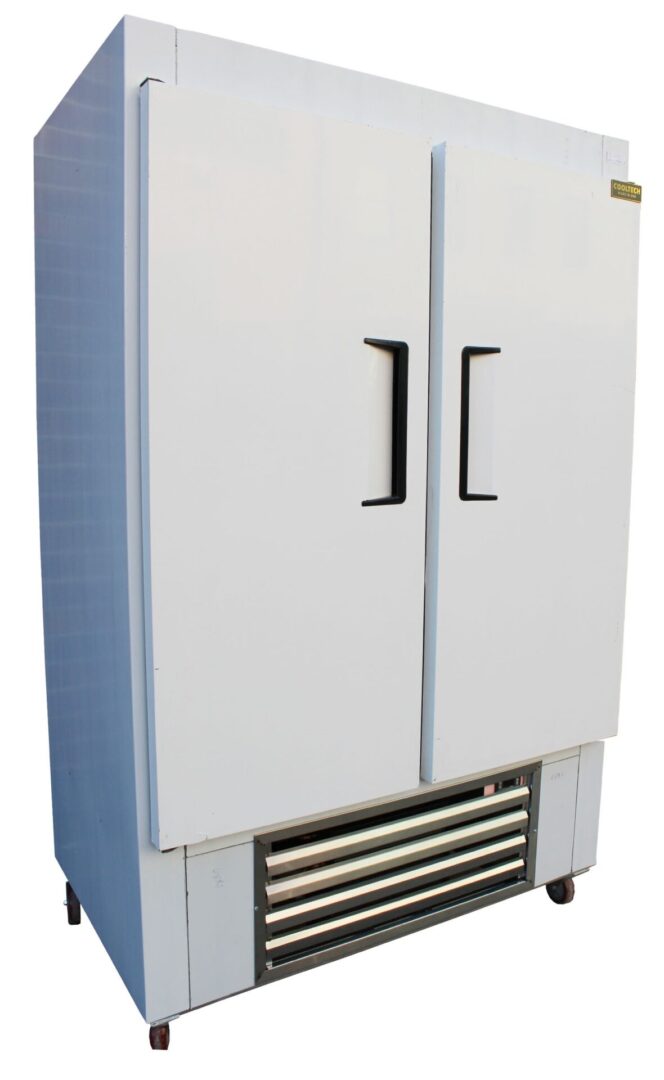 Cooltech Stainless Steel 2-Door Reach-In Upright Freezer 54” with dual doors and an external cooling unit at the bottom, isolated on a white background.