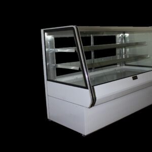Empty Cooltech Dry Counter Bakery Pastry Display Case 72” with glass front and multiple shelves, isolated on a black background.