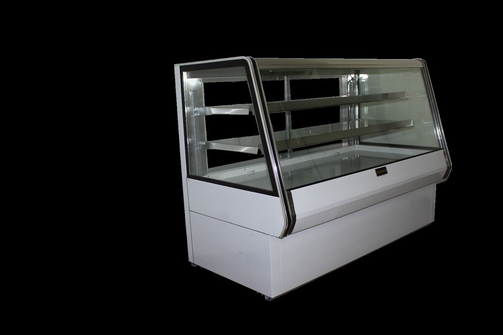 Empty Cooltech Dry Counter Bakery Pastry Display Case 72” with glass front and multiple shelves, isolated on a black background.