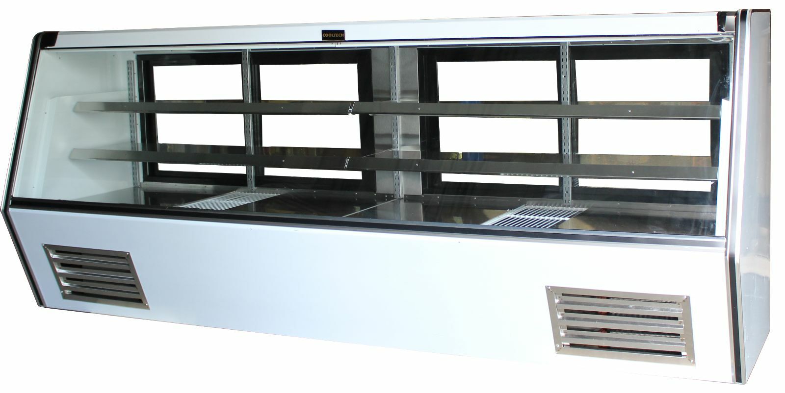 Cooltech Refrigerated High Deli Meat Display Case 96” with multiple shelves and sliding doors at the back, isolated on a white background.