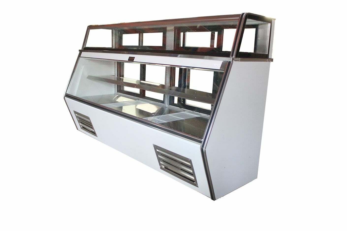 Empty Cooltech Refrigerated 7-11 Style Deli Meat Case 84” with glass windows and sliding doors on a white background.