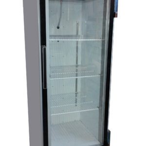An empty COOLTECH 26” BEER SODA BEVERAGE GLASS DOOR REFRIGERATOR COOLER with three shelves, isolated on a white background.