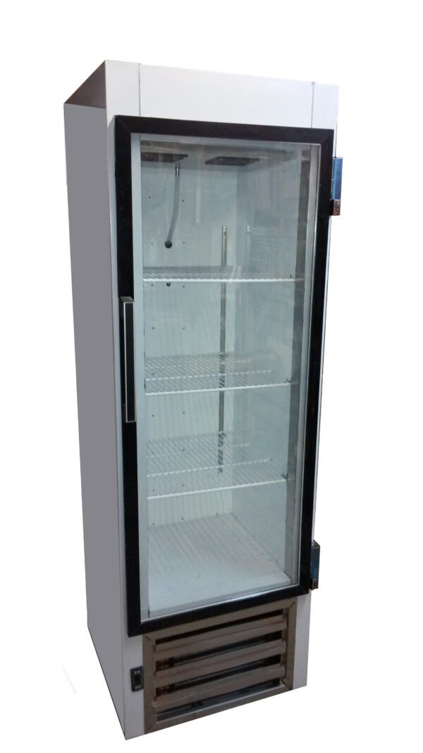 An empty COOLTECH 26” BEER SODA BEVERAGE GLASS DOOR REFRIGERATOR COOLER with three shelves, isolated on a white background.