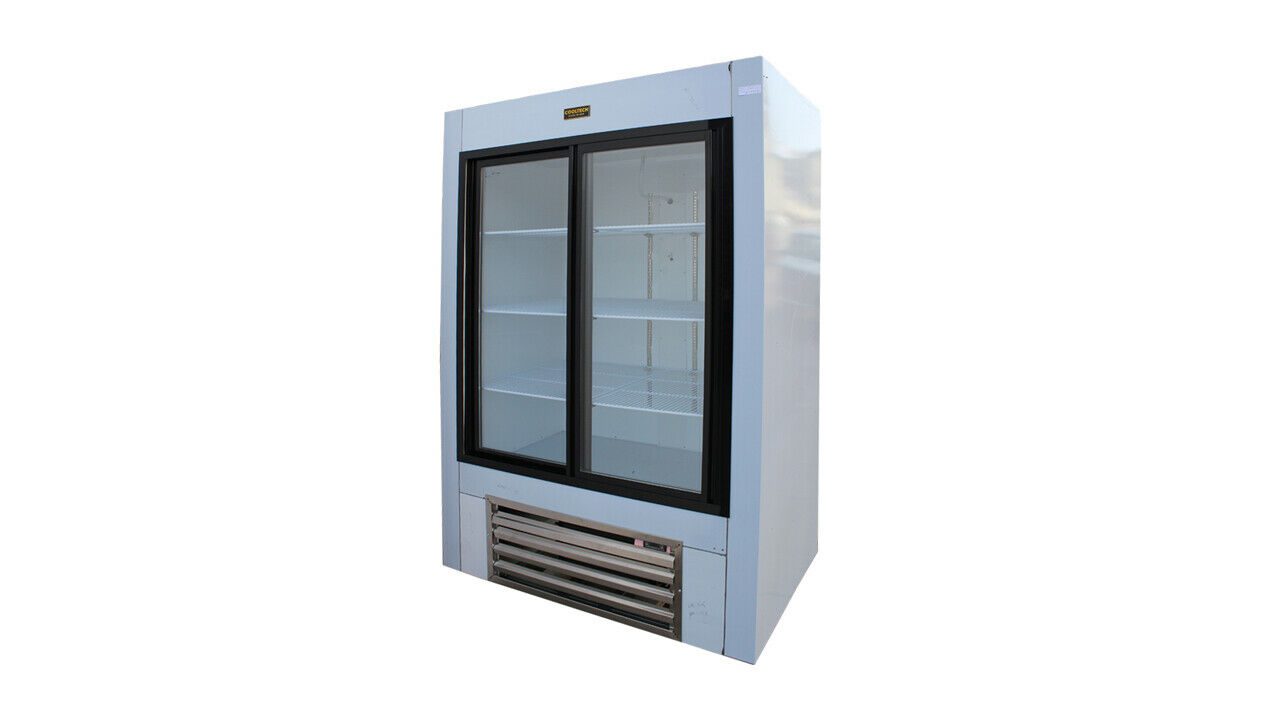Cooltech Sliding Glass Doors Flowers Display Cooler 48” with empty shelves, isolated on a white background.