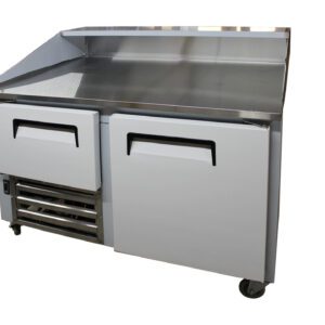 A stainless steel counter with two drawers and one cabinet.