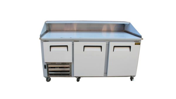 A commercial refrigerator with three doors and two drawers.