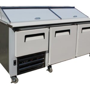 A large commercial refrigerator with three drawers and two doors.
