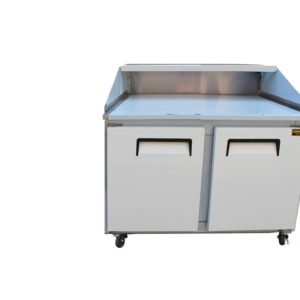 A stainless steel counter with two doors and wheels.