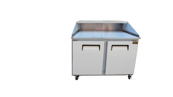 A stainless steel counter with two doors and wheels.