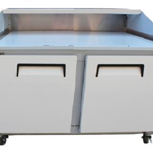 A stainless steel counter with two drawers and wheels.