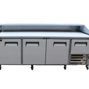 A commercial refrigerator with four doors and two drawers.