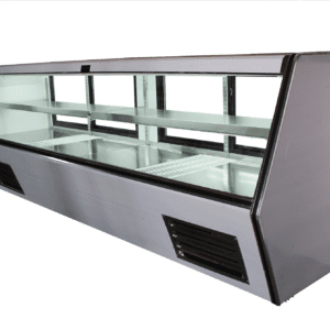 A stainless steel display case with glass shelves.