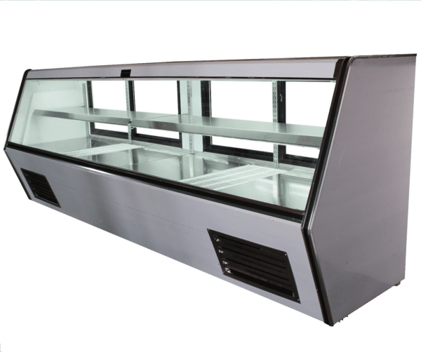 A stainless steel display case with glass shelves.