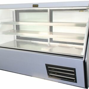 A stainless steel display case with three shelves.