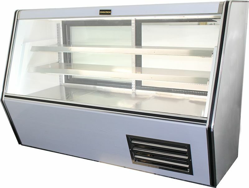 A stainless steel display case with three shelves.