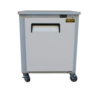 A Cooltech 1-Door Low Boy Worktop Refrigerator 27" on wheels with a light gray metal body and a thin black handle at the top.