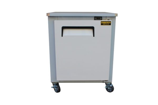 A Cooltech 1-Door Low Boy Worktop Refrigerator 27" on wheels with a light gray metal body and a thin black handle at the top.