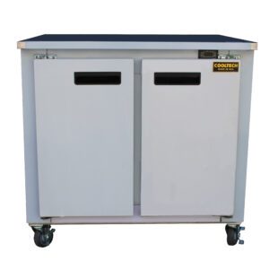 Cooltech 2-Door Low Boy Worktop Refrigerator 36” with wheels and individual pedal-operated lids, isolated on a white background.