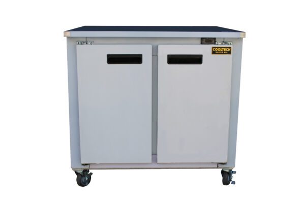 Cooltech 2-Door Low Boy Worktop Refrigerator 36” with wheels and individual pedal-operated lids, isolated on a white background.