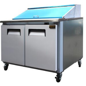 Cooltech Refrigerated 2-Door Sandwich Prep Table 60” on wheels, featuring dual hinged lids and a stainless steel exterior, isolated on a white background.