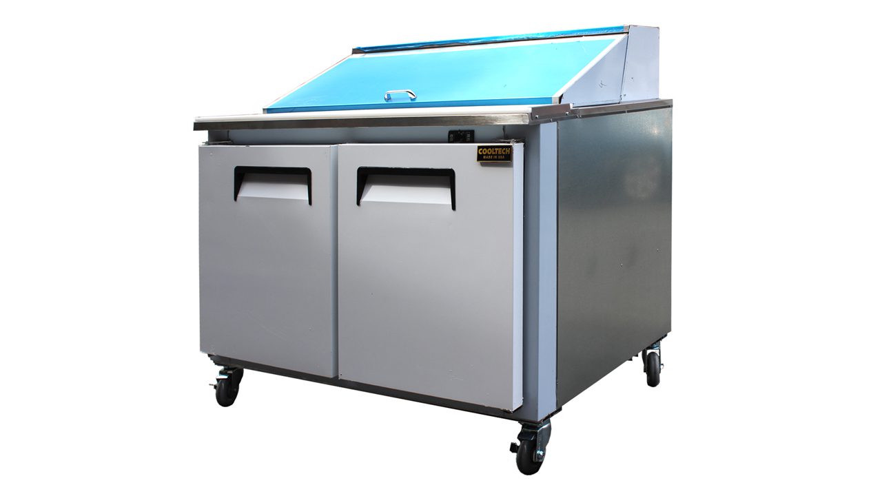 Cooltech Refrigerated 2-Door Sandwich Prep Table 60” on wheels, featuring dual hinged lids and a stainless steel exterior, isolated on a white background.
