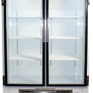 Commercial COOLTECH 48” BEER SODA BEVERAGE GLASS DOOR REFRIGERATOR COOLER, empty with visible shelves and bottom-mounted cooling unit.