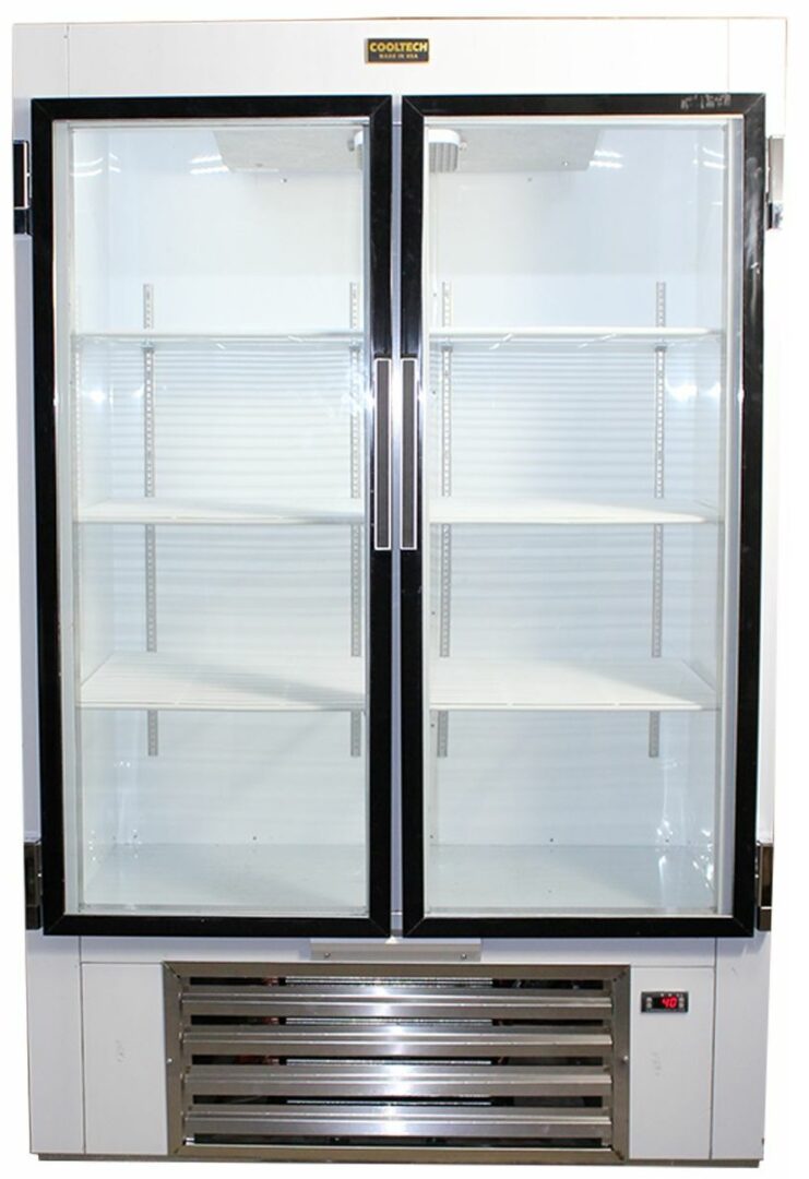 Commercial COOLTECH 48” BEER SODA BEVERAGE GLASS DOOR REFRIGERATOR COOLER, empty with visible shelves and bottom-mounted cooling unit.
