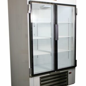 COOLTECH 54” BEER SODA BEVERAGE GLASS DOOR REFRIGERATOR COOLER with transparent glass doors and multiple shelves, standing against a white background.
