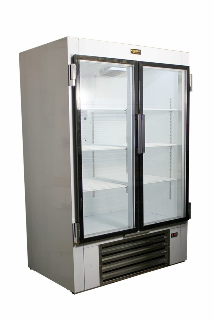 COOLTECH 54” BEER SODA BEVERAGE GLASS DOOR REFRIGERATOR COOLER with transparent glass doors and multiple shelves, standing against a white background.
