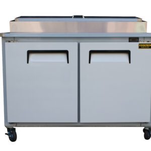 Commercial Cooltech 2 Door Refrigerated Pizza Prep Table 48” with two doors on wheels, isolated on a white background.