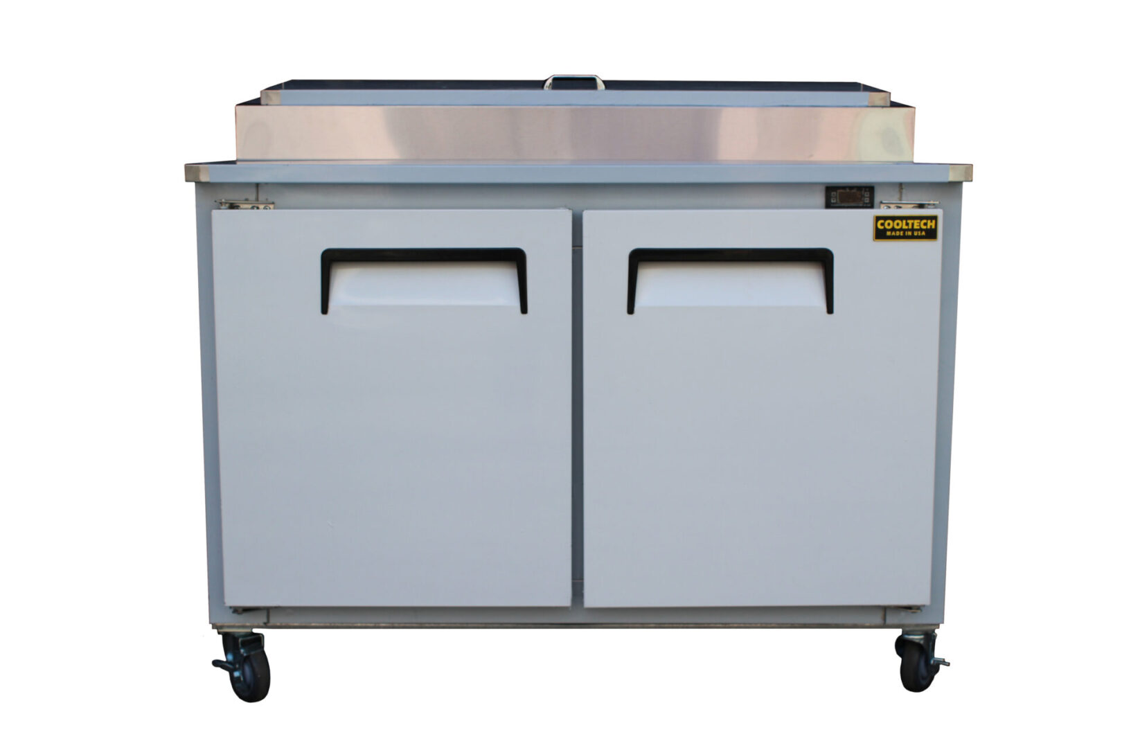 Commercial Cooltech 2 Door Refrigerated Pizza Prep Table 48” with two doors on wheels, isolated on a white background.