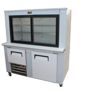 Cooltech Stainless Steel Refrigerated Pie Case 36” with sliding glass doors on top and two closed cabinets at the bottom, isolated on a white background.