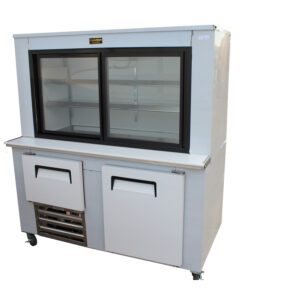 Cooltech Stainless Steel Refrigerated Pie Case 48" with two glass sliding doors on top and two closed cabinets below, set on wheels, isolated on a white background.