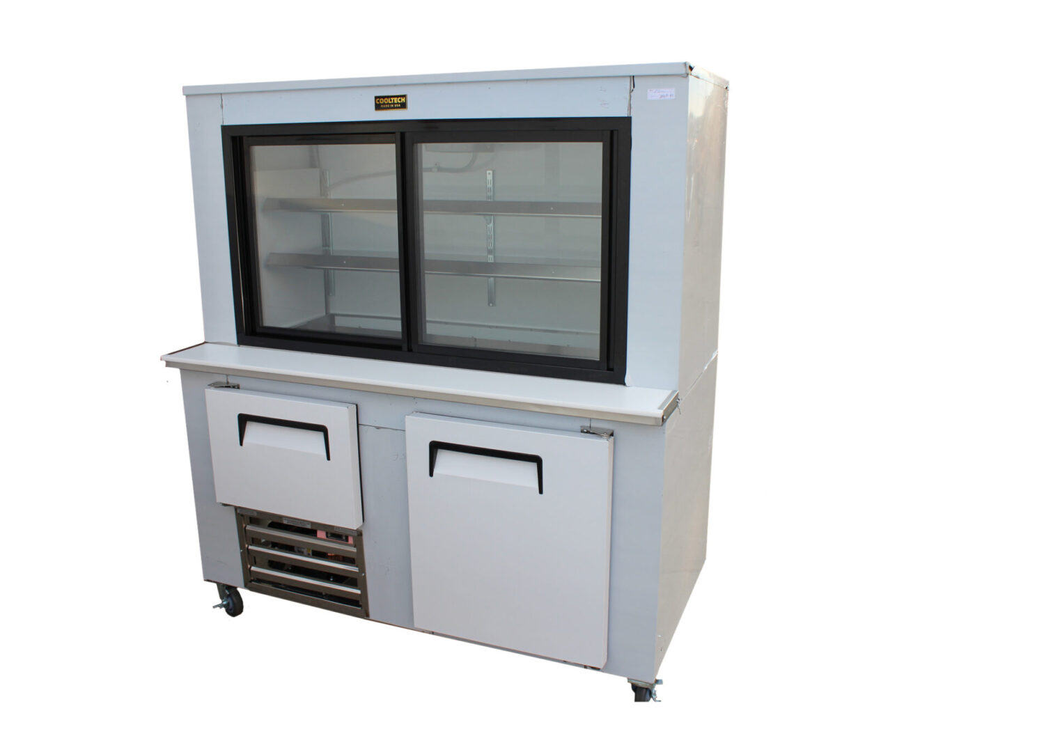Cooltech Stainless Steel Refrigerated Pie Case 48" with two glass sliding doors on top and two closed cabinets below, set on wheels, isolated on a white background.