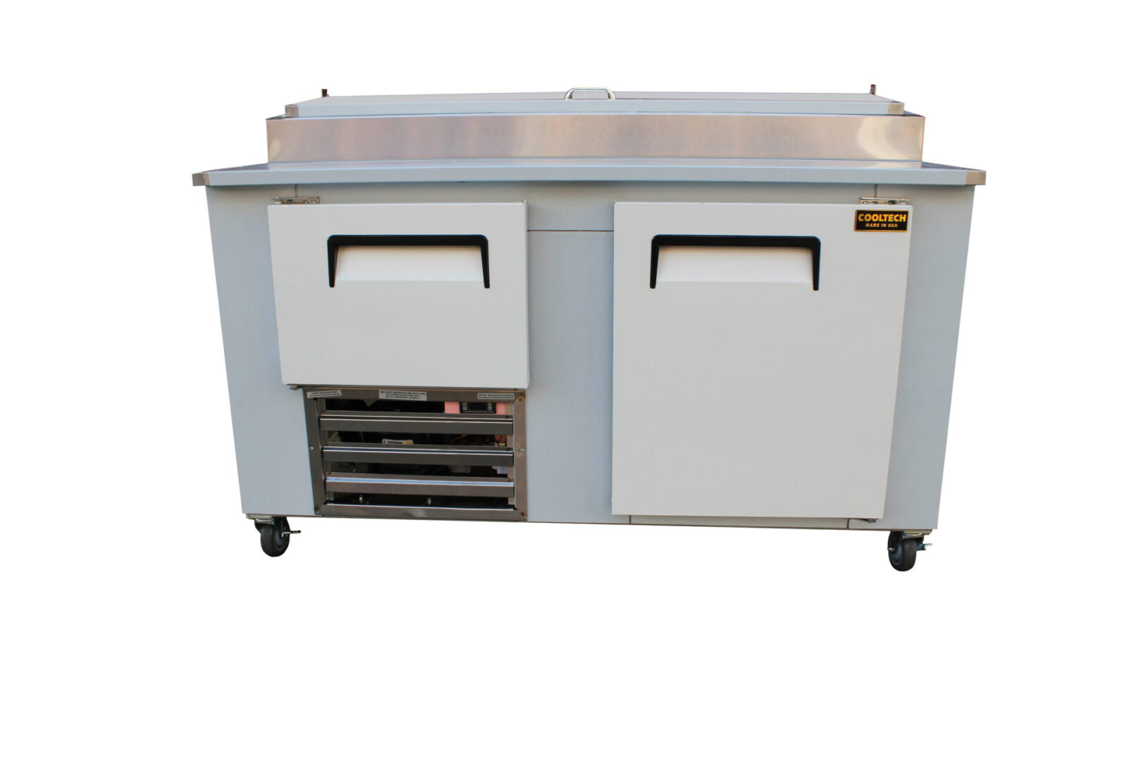 A Cooltech 1-1/2 Door Refrigerated Pizza Prep Table 60" on wheels with two front doors and multiple storage compartments, isolated on a white background.