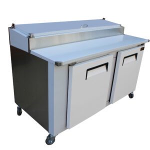 A Cooltech 2 Door Refrigerated Pizza Prep Table 60” on wheels, featuring two doors and a lift-up top cover, isolated on a white background.