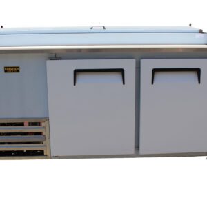 A large New Cooltech 2 Door Refrigerated Pizza Prep Table 67” with wheels, isolated on a white background.