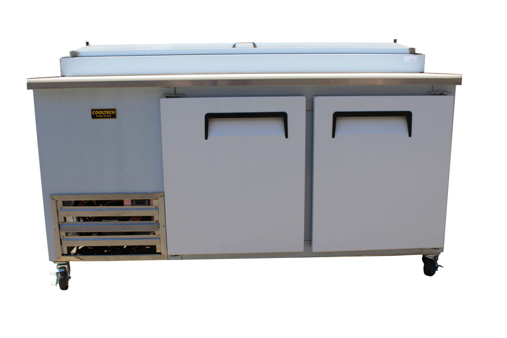 A large New Cooltech 2 Door Refrigerated Pizza Prep Table 67” with wheels, isolated on a white background.