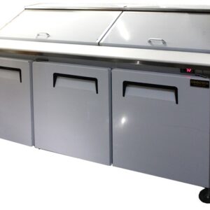 A Cooltech Custom 72” Open Top Sandwich Prep Table Back Motor with three doors and caster wheels.