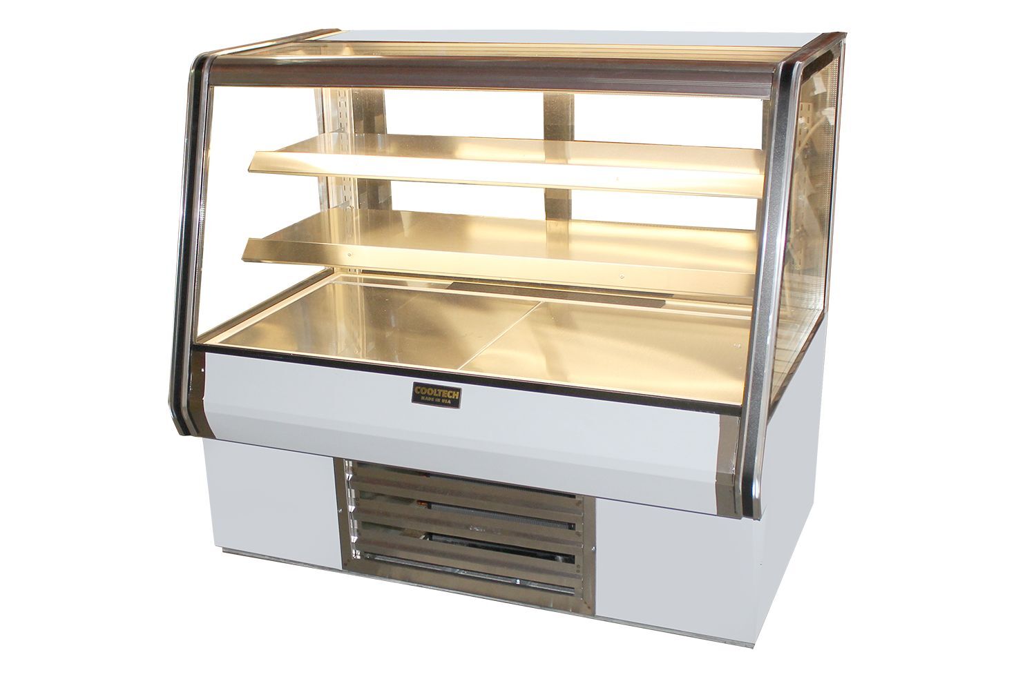 Cooltech Counter Bakery Pastry Display Case 72” with glass windows and multiple shelves, featuring a stainless steel and white exterior.