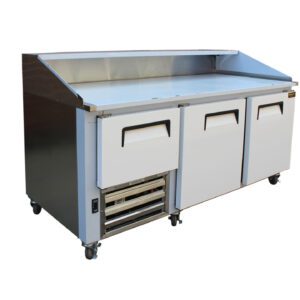 Cooltech 2-1/2 Door Refrigerated Dough Retarder 84” commercial kitchen prep table with refrigerated storage compartments and caster wheels, isolated on a white background.