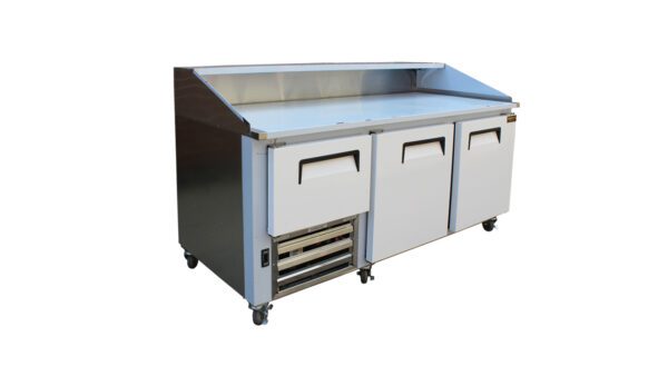 Cooltech 2-1/2 Door Refrigerated Dough Retarder 84” commercial kitchen prep table with refrigerated storage compartments and caster wheels, isolated on a white background.