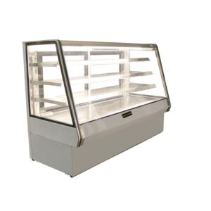 An empty Cooltech High Bakery Pastry Display Case 72” with glass walls and shelves on a white background.