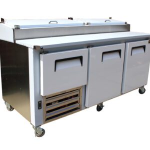 Cooltech 2-1/2 Door Refrigerated Pizza Prep Table 72” on casters, featuring three doors and an upper shelf, isolated on a white background.