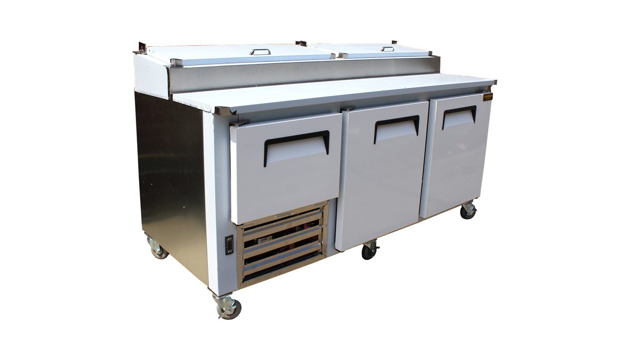 Cooltech 2-1/2 Door Refrigerated Pizza Prep Table 72” on casters, featuring three doors and an upper shelf, isolated on a white background.