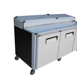 Cooltech 3 Door Refrigerated Pizza Prep Table 72” with dual top lids and three front doors, mounted on casters, isolated on a white background.