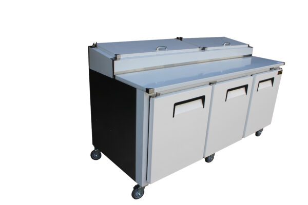 Cooltech 3 Door Refrigerated Pizza Prep Table 72” with dual top lids and three front doors, mounted on casters, isolated on a white background.